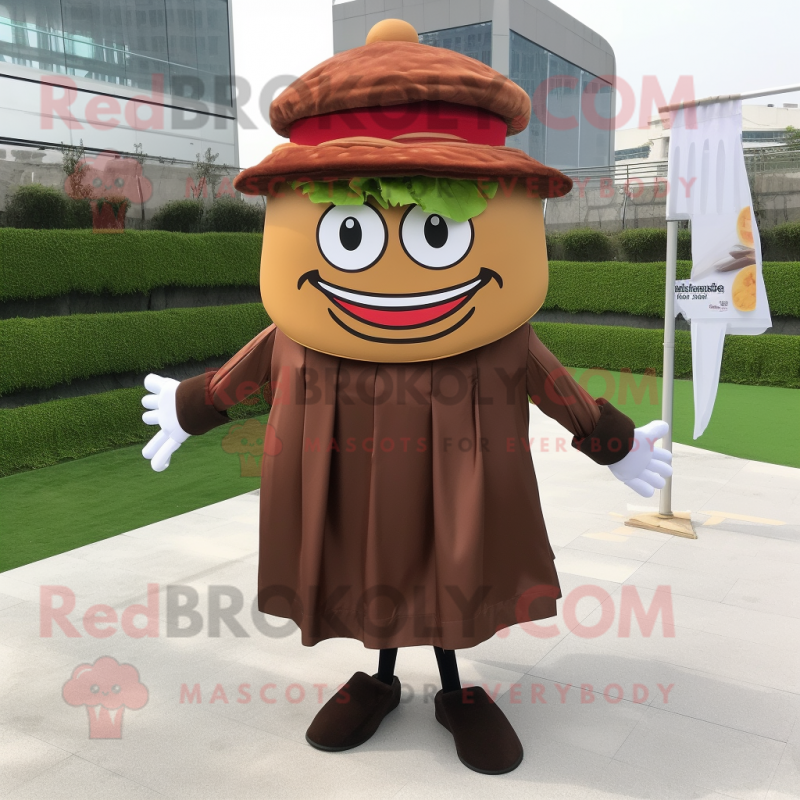 Brown Hamburger mascot costume character dressed with a Wrap Skirt and Hat pins