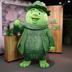 Forest Green Cabbage mascot costume character dressed with a Sweater and Lapel pins