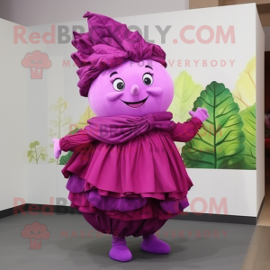 Magenta Cabbage mascot costume character dressed with a Wrap Dress and Hairpins