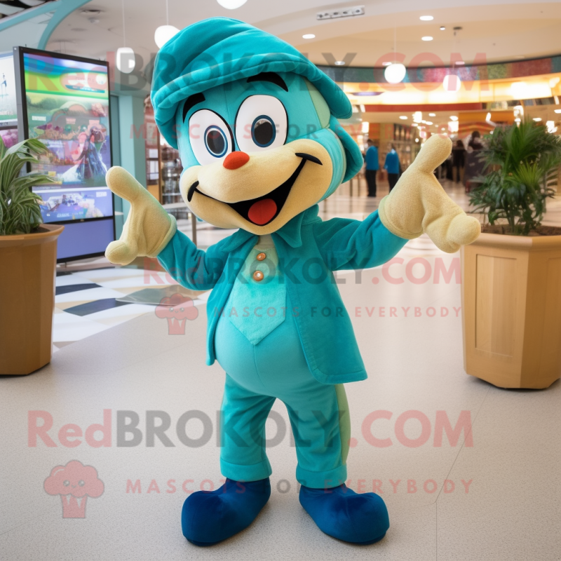 Teal Moussaka mascot costume character dressed with a Capri Pants and Berets