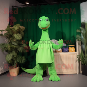 Green Diplodocus mascot costume character dressed with a Midi Dress and Caps