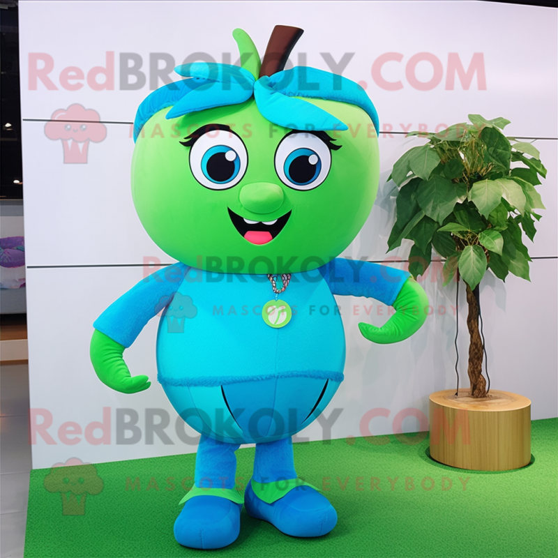 Cyan Apple mascot costume character dressed with a Mini Skirt and Shoe laces