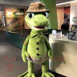 Olive Coelophysis mascot costume character dressed with a Turtleneck and Beanies