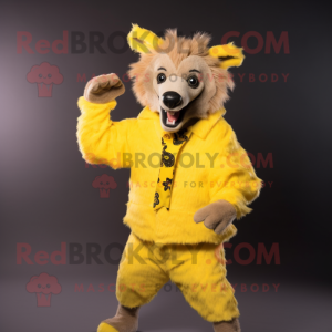Lemon Yellow Hyena mascot costume character dressed with a Cardigan and Cummerbunds