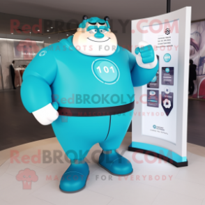 Cyan Strongman mascot costume character dressed with a Raincoat and Smartwatches