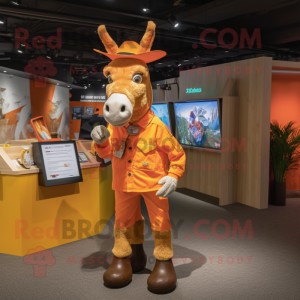 Orange Donkey mascot costume character dressed with a Vest and Berets