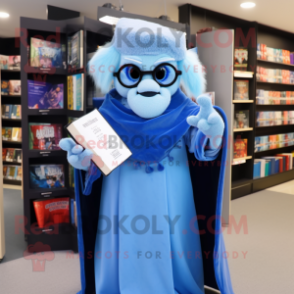 Sky Blue Vampire mascot costume character dressed with a Cover-up and Reading glasses