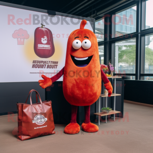 Maroon Currywurst mascot costume character dressed with a Suit Jacket and Tote bags