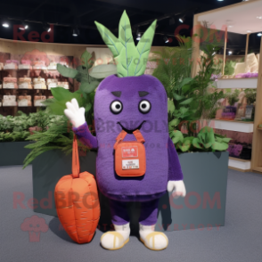 Purple Carrot mascot costume character dressed with a Denim Shorts and Coin purses