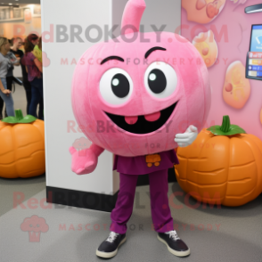 Pink Pumpkin mascot costume character dressed with a Oxford Shirt and Rings