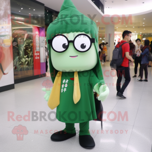 Forest Green Miso Soup mascot costume character dressed with a Leggings and Eyeglasses