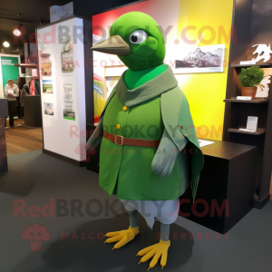 Forest Green Pigeon mascot costume character dressed with a Wrap Skirt and Caps