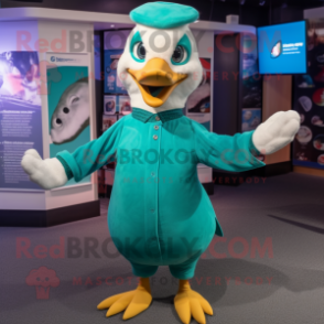 Teal Gull mascot costume character dressed with a Playsuit and Mittens