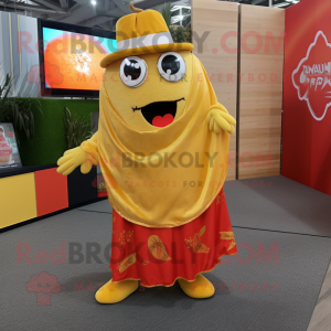 Gold Tomato mascot costume character dressed with a Maxi Skirt and Pocket squares