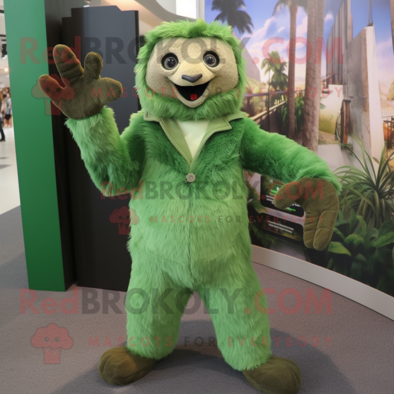 Green Sloth mascot costume character dressed with a Suit Pants and Mittens