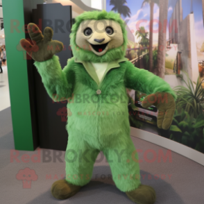 Green Sloth mascot costume character dressed with a Suit Pants and Mittens