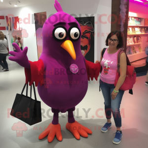 Magenta Blackbird mascot costume character dressed with a Mom Jeans and Handbags