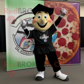 Black Pizza Slice mascot costume character dressed with a Capri Pants and Bracelet watches