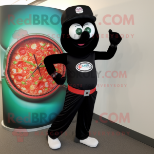 Black Pizza Slice mascot costume character dressed with a Capri Pants and Bracelet watches
