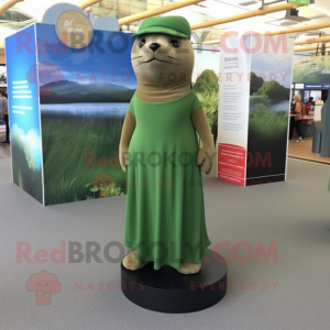 Olive Sea Lion mascot costume character dressed with a Maxi Dress and Caps