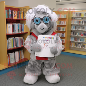 Silver Candy Box mascot costume character dressed with a Corduroy Pants and Reading glasses