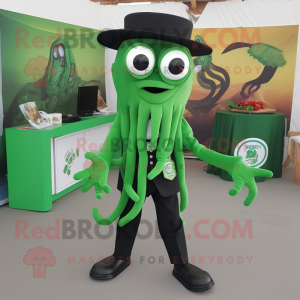 Forest Green Fried Calamari mascot costume character dressed with a Capri Pants and Lapel pins