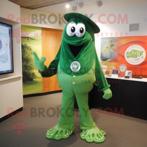 Forest Green Fried Calamari mascot costume character dressed with a Capri Pants and Lapel pins