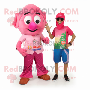 Pink Tikka Masala mascot costume character dressed with a Bermuda Shorts and Keychains