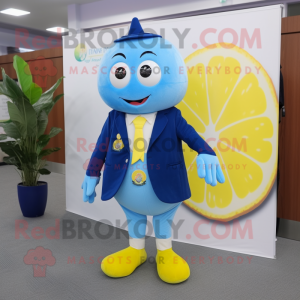 Blue Lemon mascot costume character dressed with a Dress Pants and Hairpins