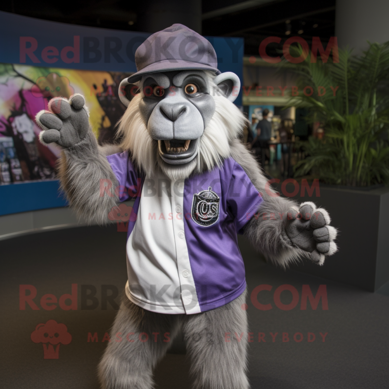 Silver Baboon mascot costume character dressed with a Graphic Tee and Berets