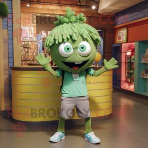 Green Meatballs mascot costume character dressed with a Chinos and Headbands