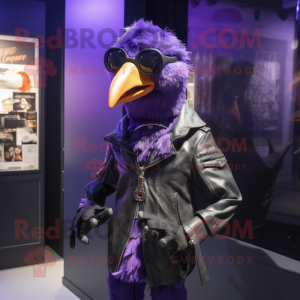 Purple Crow mascot costume character dressed with a Leather Jacket and Eyeglasses