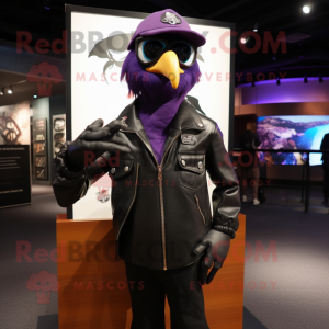 Purple Crow mascot costume character dressed with a Leather Jacket and Eyeglasses