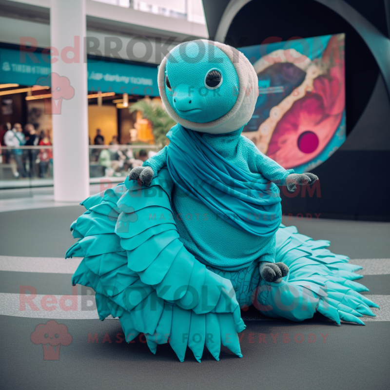 Turquoise Pangolin Mascot Costume Character Dressed With A Circle Skirt And Scarves Mascot 2347