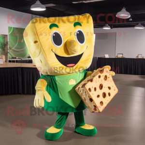 Green Grilled Cheese Sandwich mascot costume character dressed with a Jumpsuit and Messenger bags