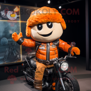 Orange Beef Wellington mascot costume character dressed with a Biker Jacket and Hairpins