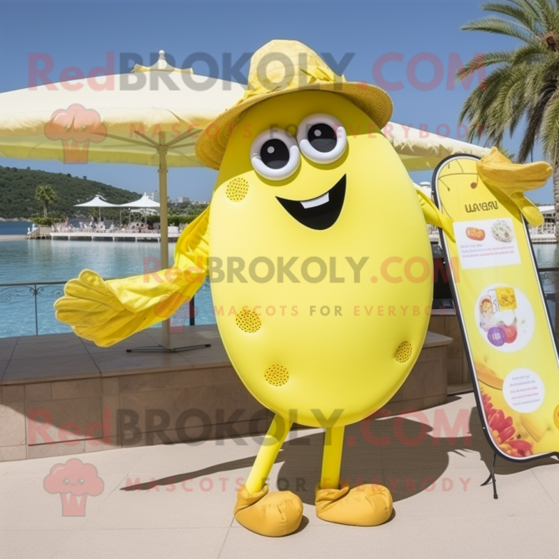 Lemon Yellow Paella mascot costume character dressed with a Swimwear and Coin purses