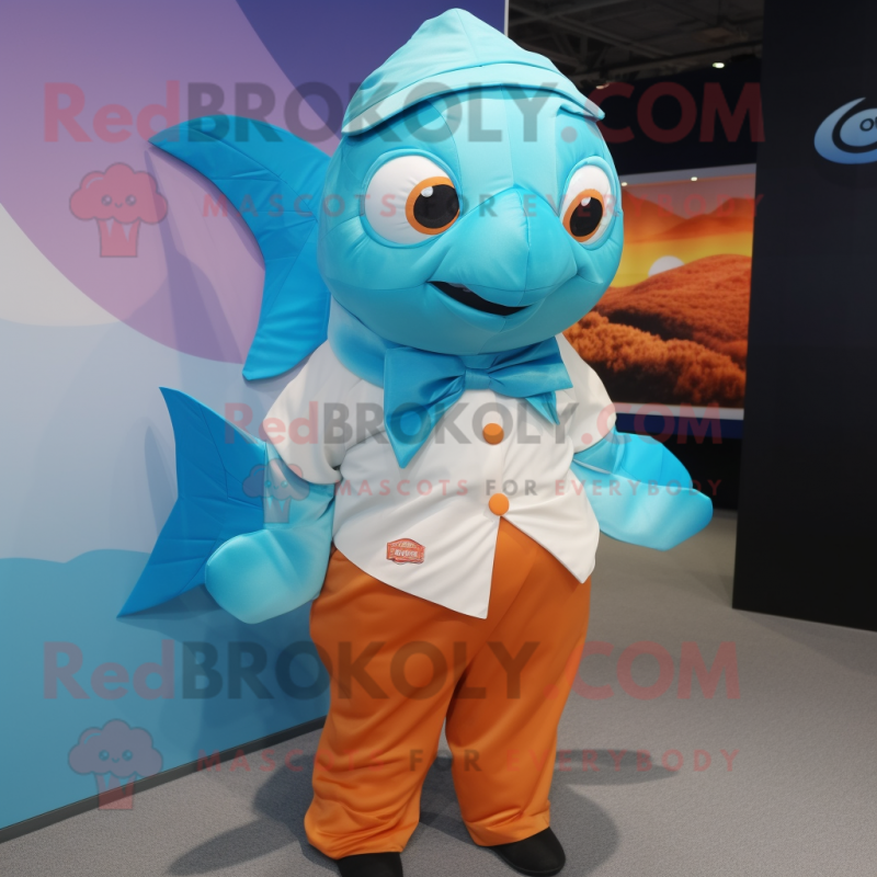 Cyan Goldfish mascot costume character dressed with a Poplin Shirt and Pocket squares