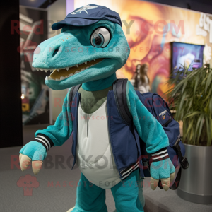 Teal Velociraptor mascot costume character dressed with a Sweatshirt and Backpacks