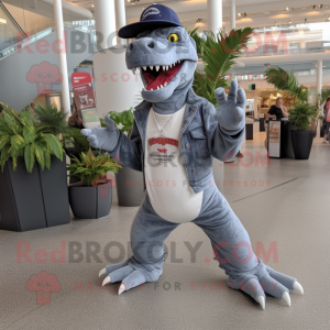 Gray Allosaurus mascot costume character dressed with a Flare Jeans and Lapel pins