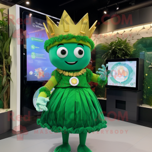 Forest Green Queen mascot costume character dressed with a Playsuit and Digital watches