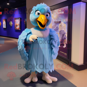 Sky Blue Vulture mascot costume character dressed with a Ball Gown and Ties