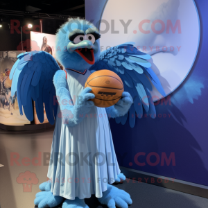 Sky Blue Vulture mascot costume character dressed with a Ball Gown and Ties