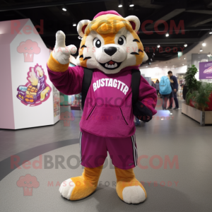 Magenta Saber-Toothed Tiger mascot costume character dressed with a Sweatshirt and Messenger bags