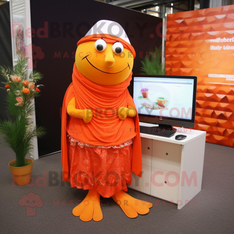 Orange Computer mascot costume character dressed with a Pleated Skirt and Scarves