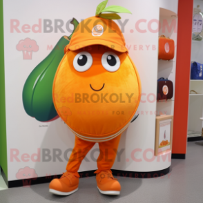 Orange Pear mascot costume character dressed with a Capri Pants and Coin purses