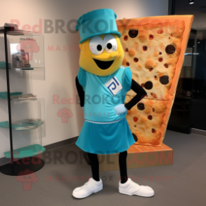 Turquoise Pizza Slice mascot costume character dressed with a Joggers and Cufflinks