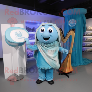 Sky Blue Celtic Harp mascot costume character dressed with a Cardigan and Belts