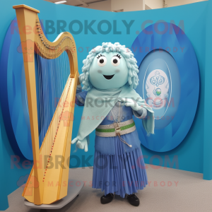 Sky Blue Celtic Harp mascot costume character dressed with a Cardigan and Belts