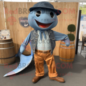 Rust Whale mascot costume character dressed with a Chambray Shirt and Suspenders